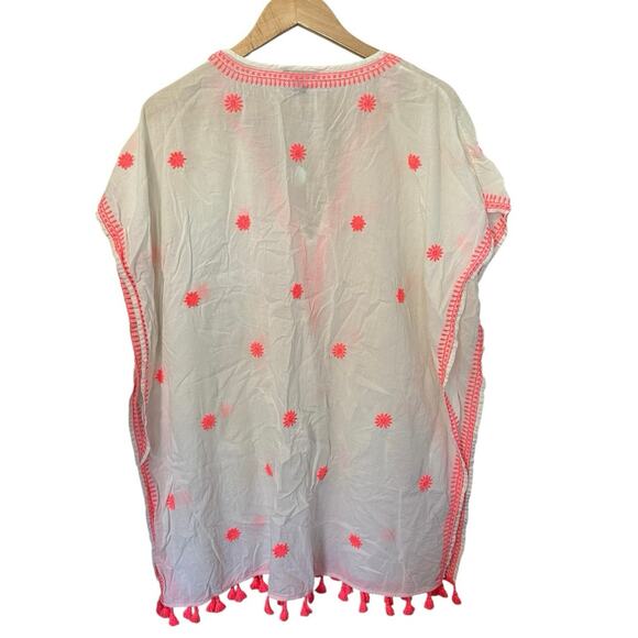 J.Crew White and Neon Pink Embroidered Pom Pom Fringe Cotton Coverup Size Large - Picture 2 of 5